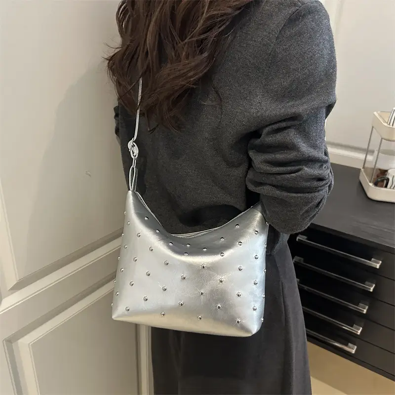 White Rivet Crossbody Bag Women Office Commute