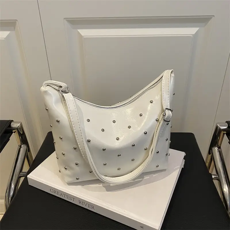 White Rivet Crossbody Bag Women Office Commute
