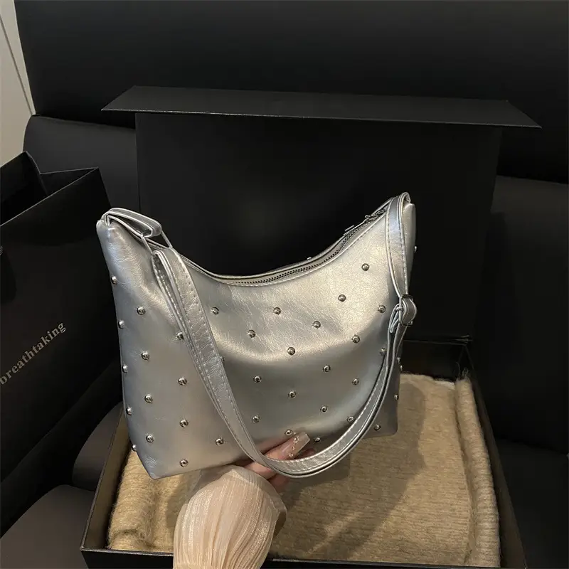 White Rivet Crossbody Bag Women Office Commute