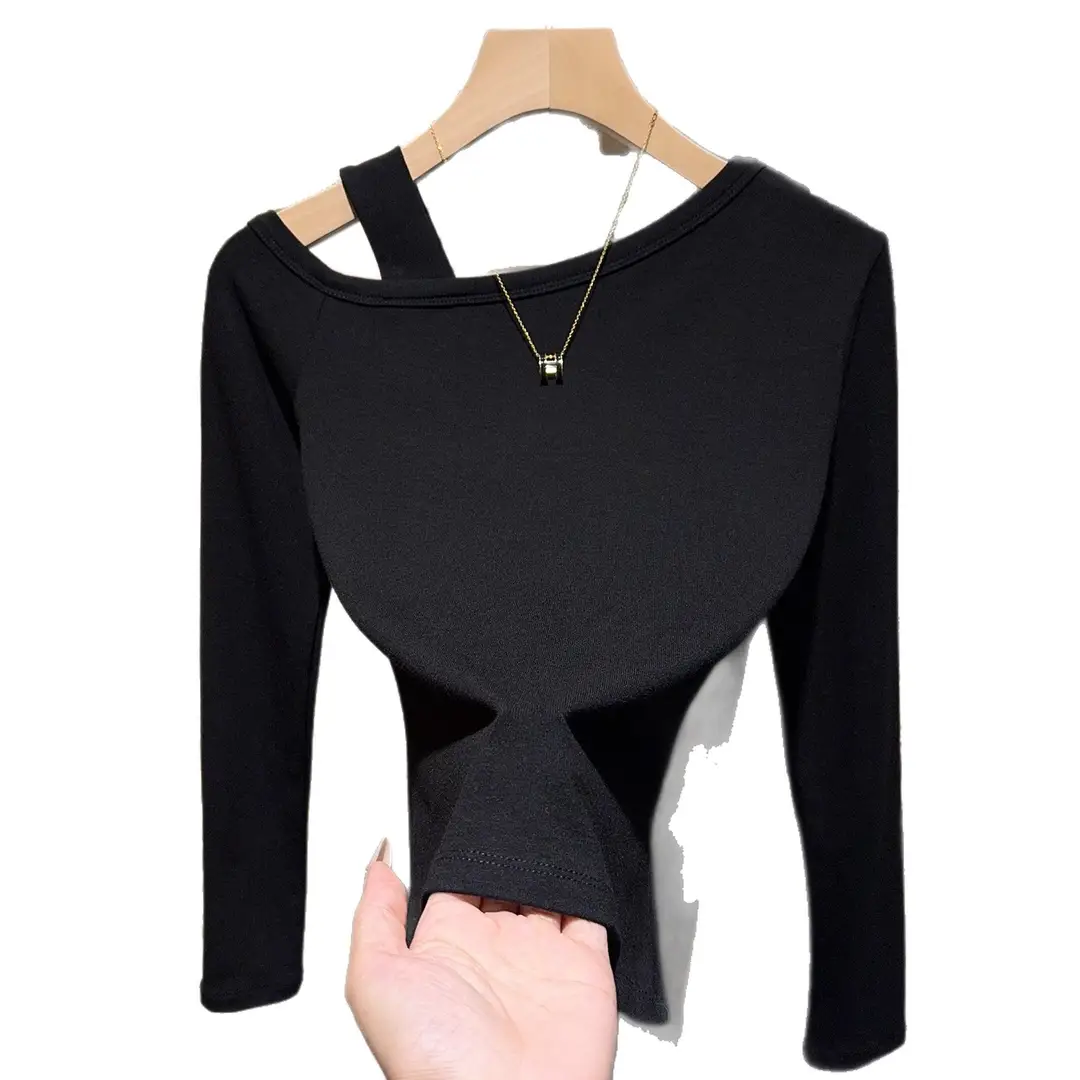 Off-Shoulder Slim-Fit Long-Sleeve T-Shirt for Women, Early Autumn Design with a Unique and Stylish Slanted Shoulder Top