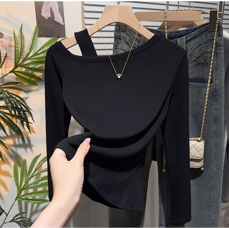 Off-Shoulder Slim-Fit Long-Sleeve T-Shirt for Women, Early Autumn Design with a Unique and Stylish Slanted Shoulder Top — feature 12