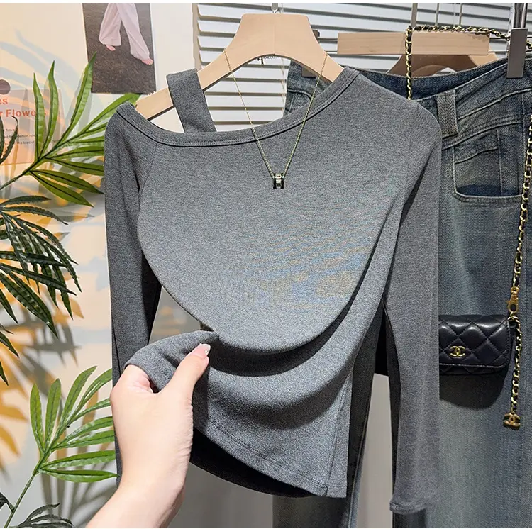 Off-Shoulder Slim-Fit Long-Sleeve T-Shirt for Women, Early Autumn Design with a Unique and Stylish Slanted Shoulder Top — feature 16