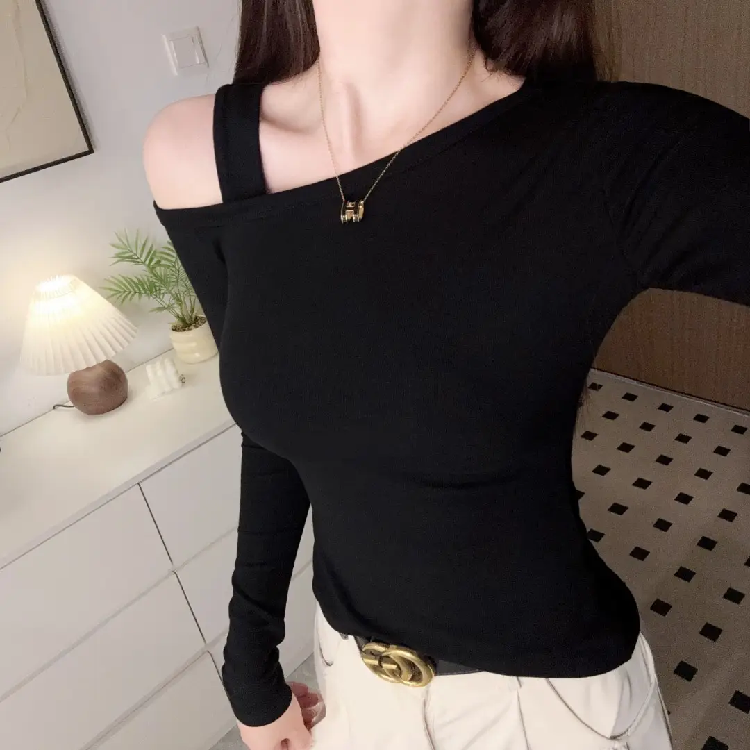 Off-Shoulder Slim-Fit Long-Sleeve T-Shirt for Women, Early Autumn Design with a Unique and Stylish Slanted Shoulder Top — feature 3