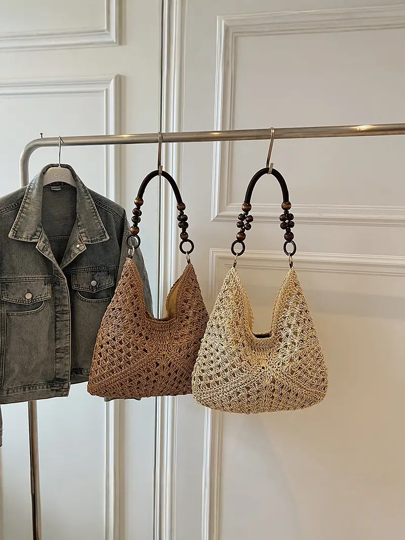 Women Straw Bag New Seaside Beach Cut Out Shoulder Tote - Image 4