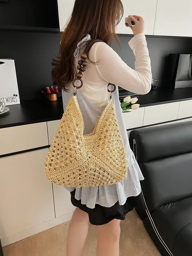 Women Straw Bag New Seaside Beach Cut Out Shoulder Tote - Image 5