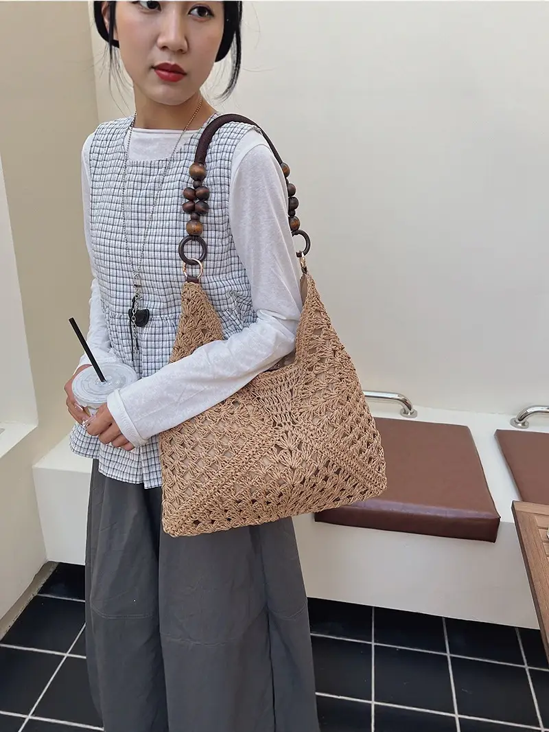 Women Straw Bag New Seaside Beach Cut Out Shoulder Tote - Image 6