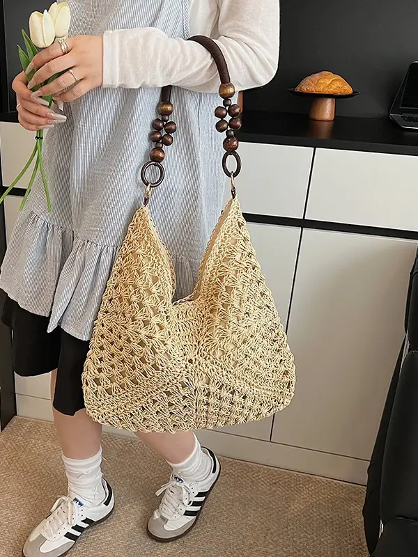 Women Straw Bag New Seaside Beach Cut Out Shoulder Tote - Image 7