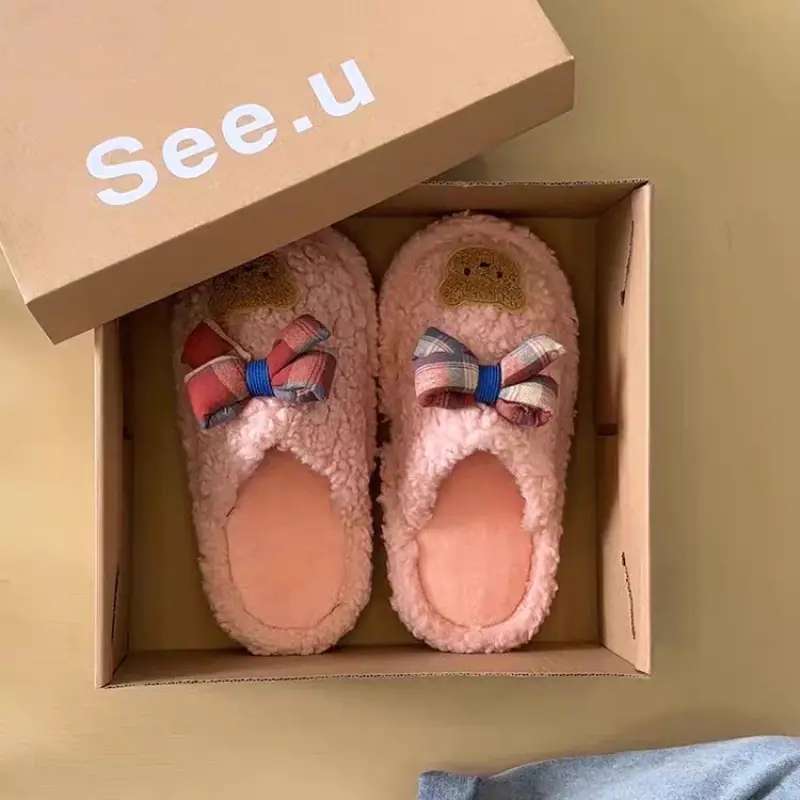 Winter Cute Furry Ribbon Bear Slippers Women - Image 5