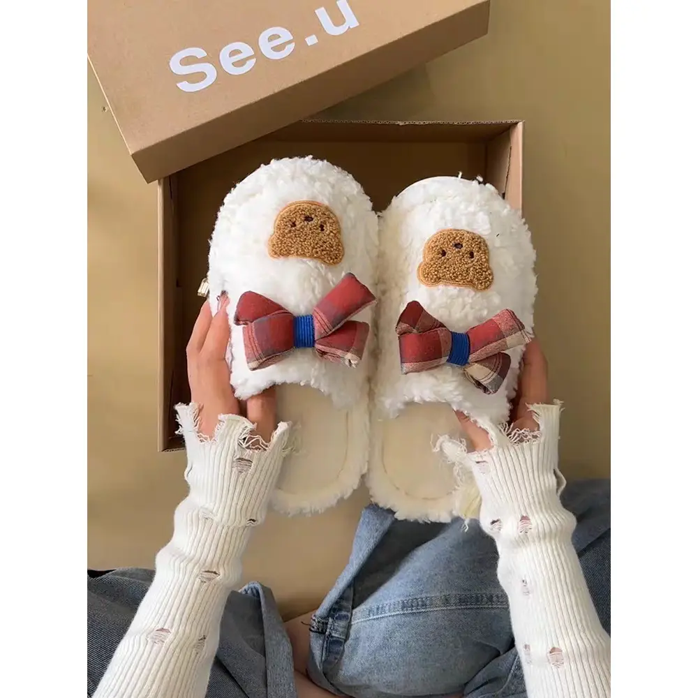 Winter Cute Furry Ribbon Bear Slippers Women - Image 7