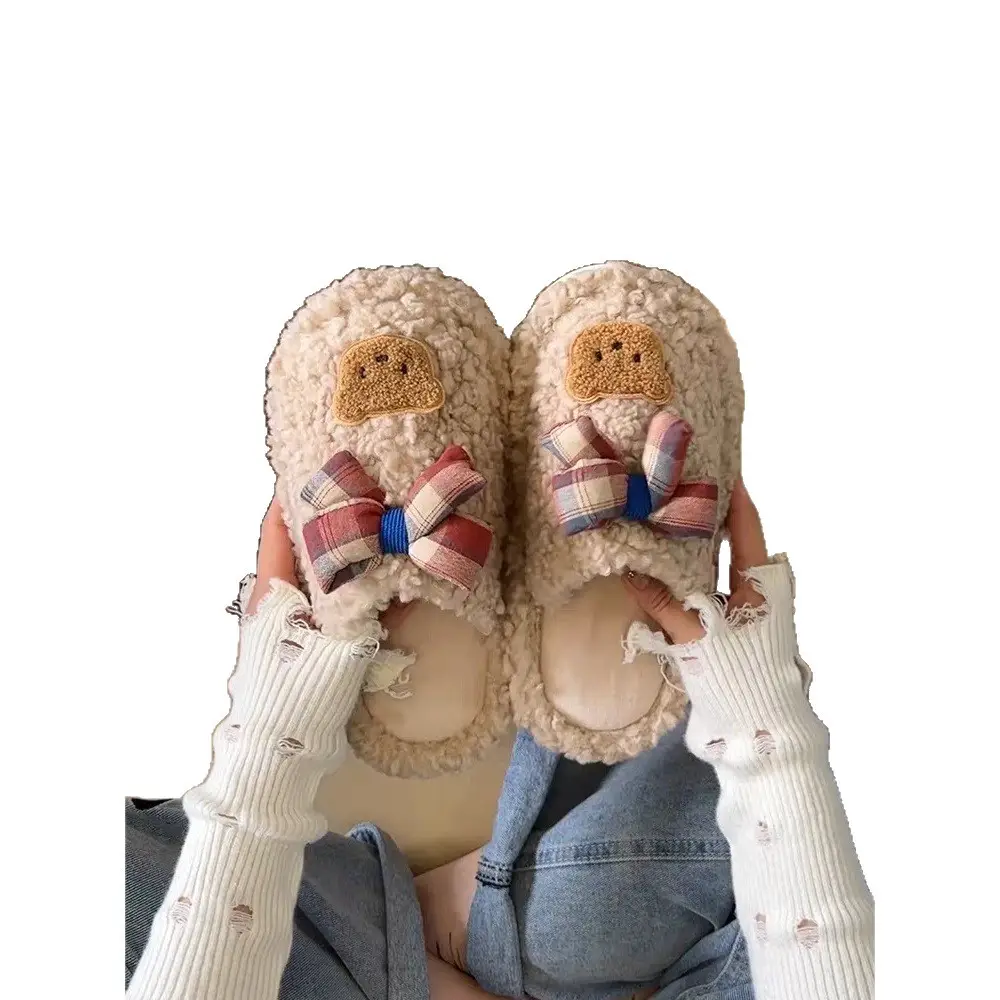 Winter Cute Furry Ribbon Bear Slippers Women - Image 8