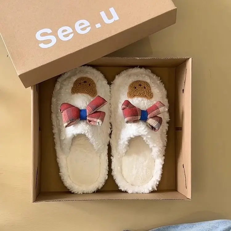 Winter Cute Furry Ribbon Bear Slippers Women — feature 13