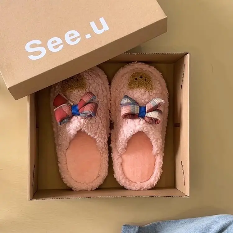 Winter Cute Furry Ribbon Bear Slippers Women — feature 14