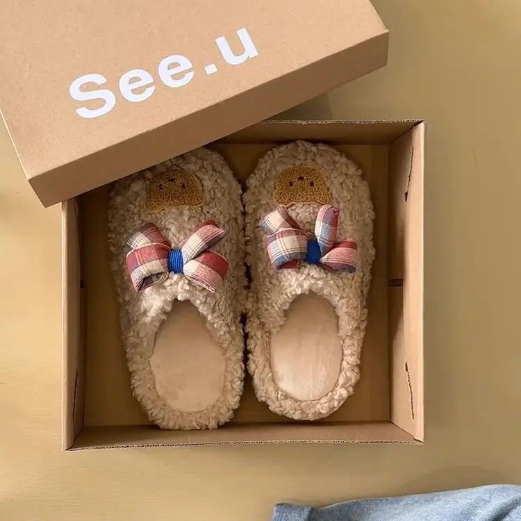 Winter Cute Furry Ribbon Bear Slippers Women — feature 15