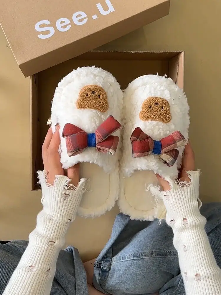 Winter Cute Furry Ribbon Bear Slippers Women — feature 18