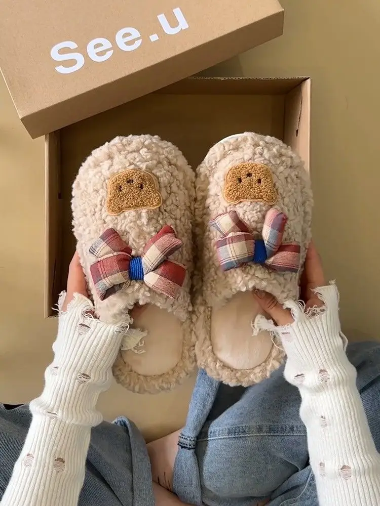 Winter Cute Furry Ribbon Bear Slippers Women — feature 19