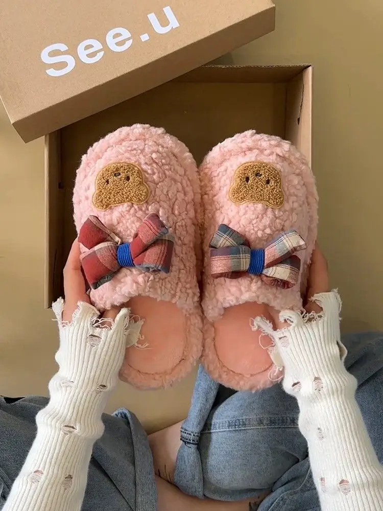 Winter Cute Furry Ribbon Bear Slippers Women — feature 21