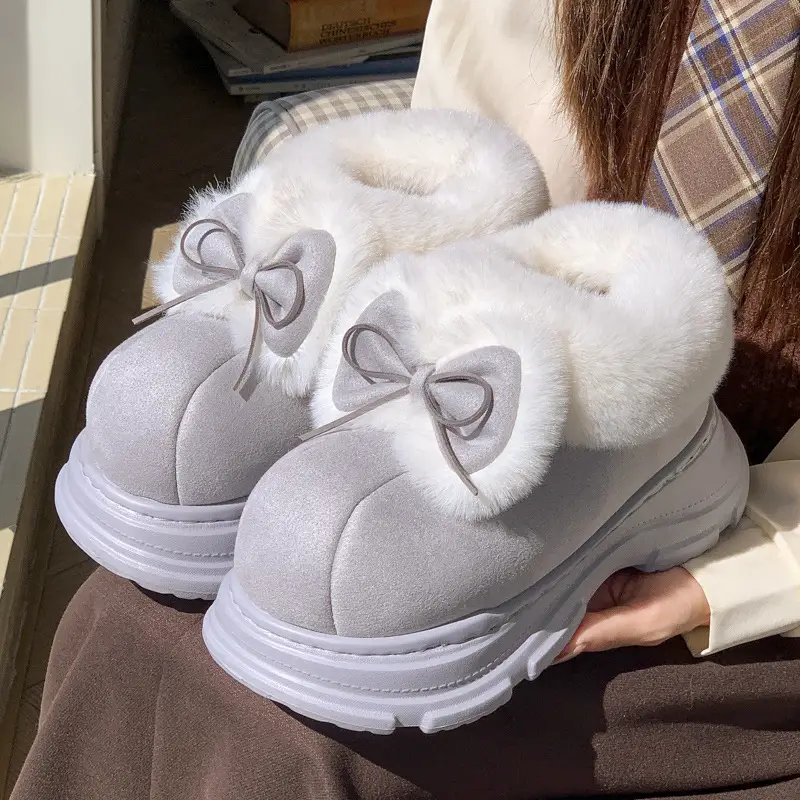 Women Warm Fur Lined Bow Sneakers Brown Winter - Image 5