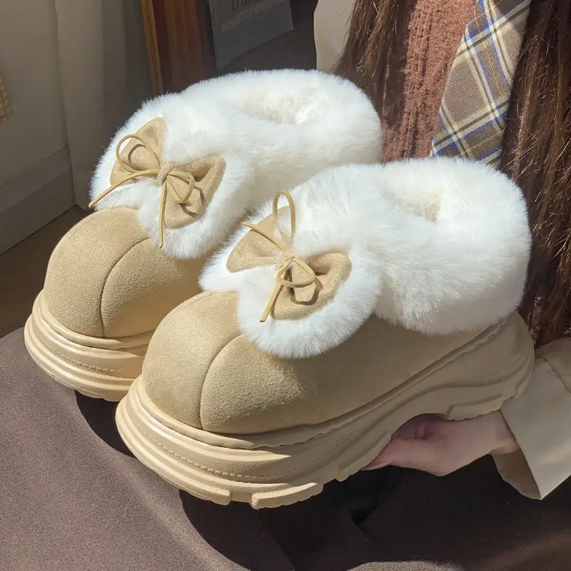 Women Warm Fur Lined Bow Sneakers Brown Winter - Image 6