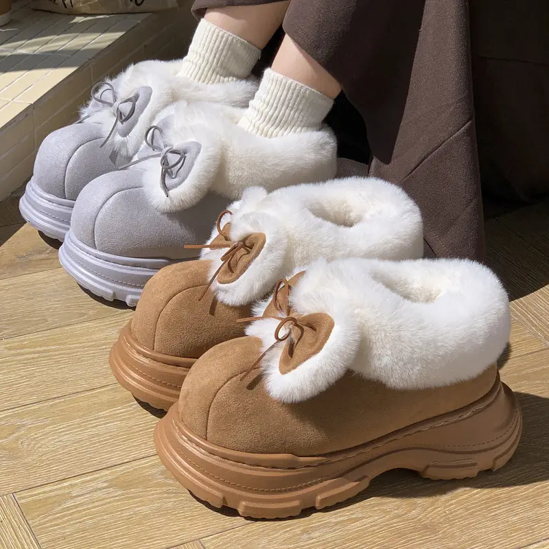 Women Warm Fur Lined Bow Sneakers Brown Winter - Image 7