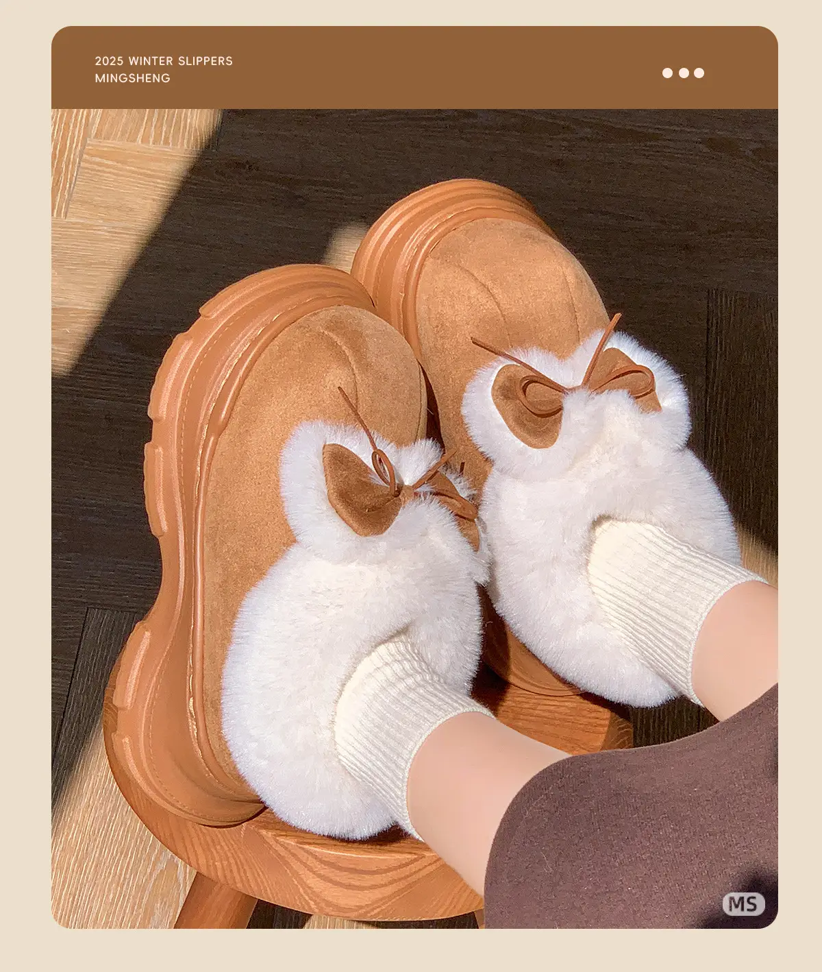 Women Warm Fur Lined Bow Sneakers Brown Winter — feature 4