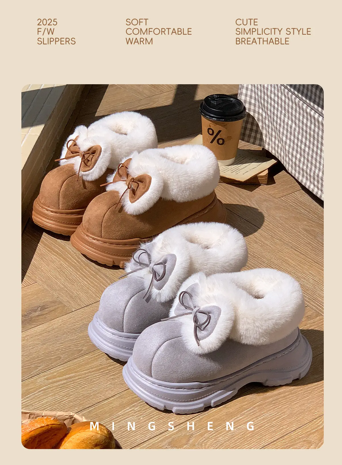 Women Warm Fur Lined Bow Sneakers Brown Winter — feature 5