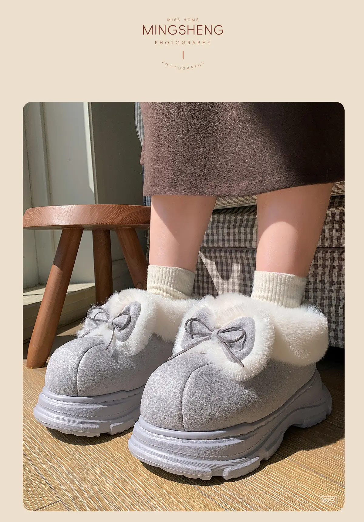 Women Warm Fur Lined Bow Sneakers Brown Winter — feature 6