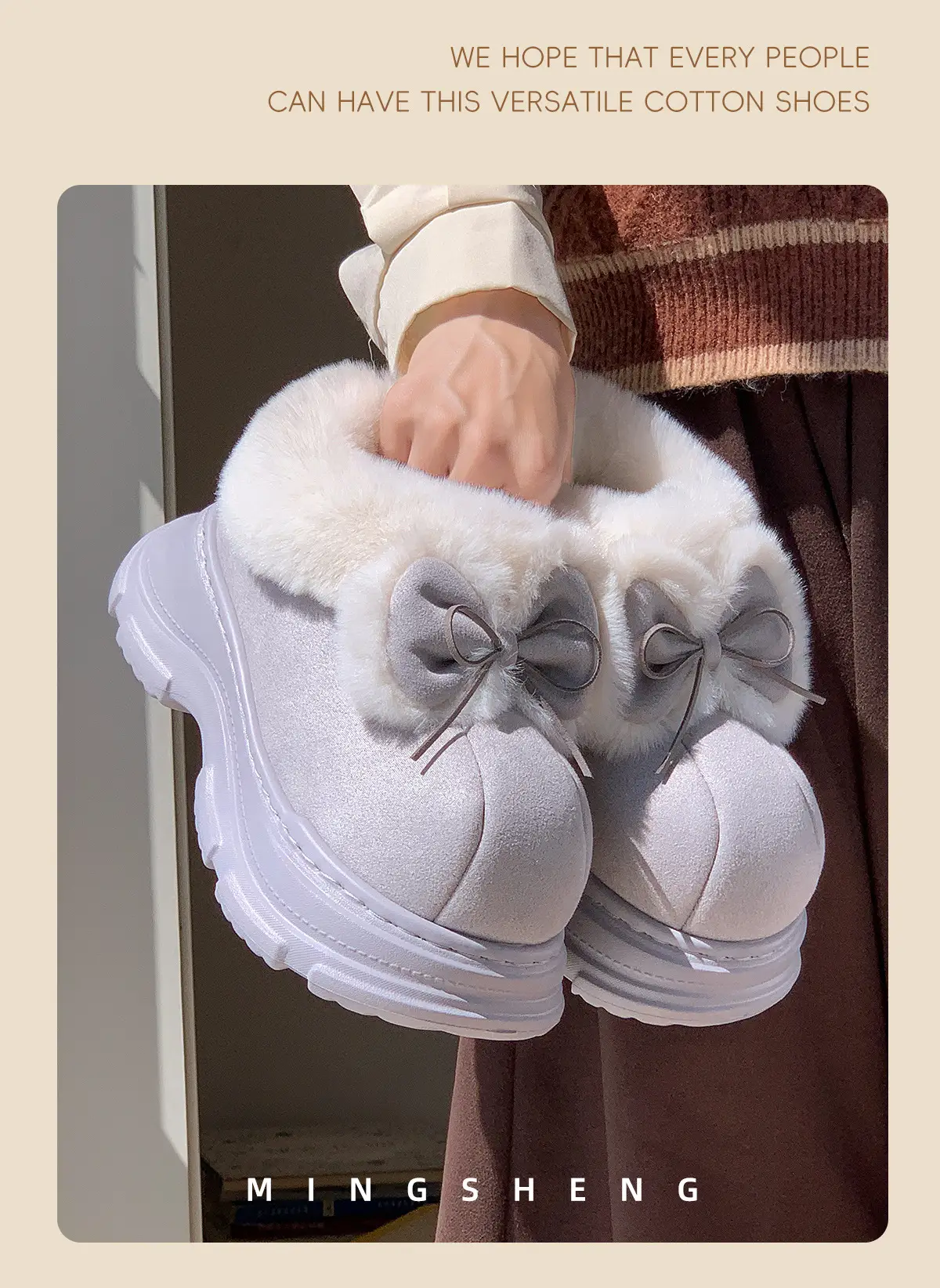Women Warm Fur Lined Bow Sneakers Brown Winter — feature 7