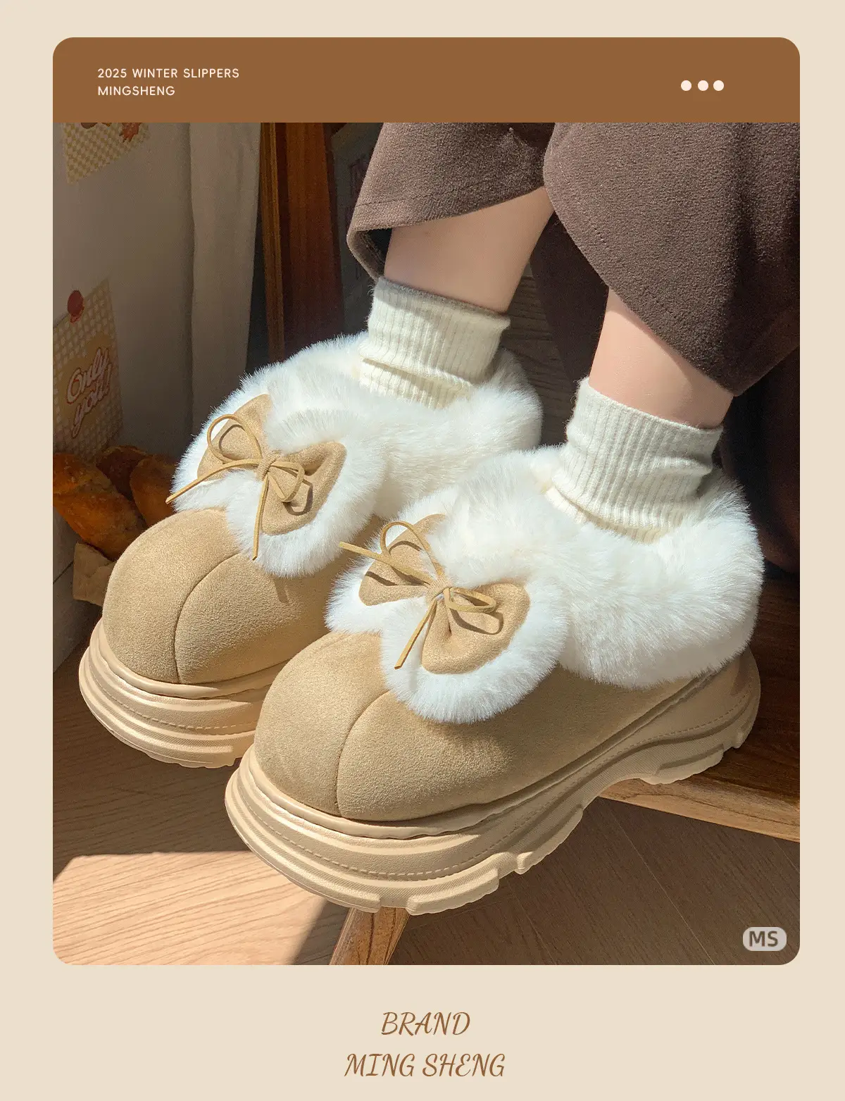 Women Warm Fur Lined Bow Sneakers Brown Winter — feature 8