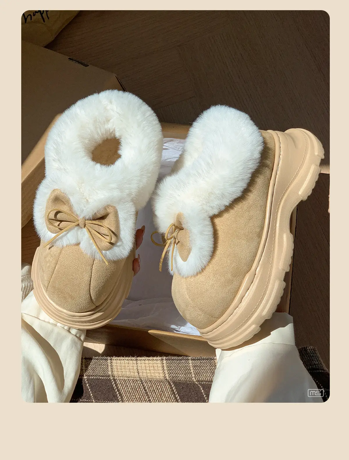 Women Warm Fur Lined Bow Sneakers Brown Winter — feature 9