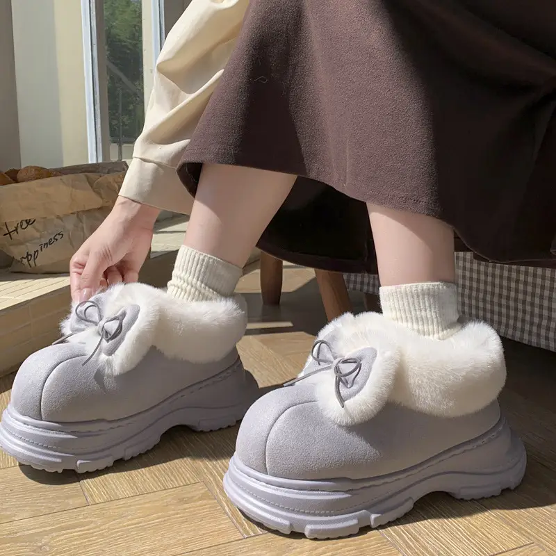 Women Warm Fur Lined Bow Sneakers Brown Winter - Image 2