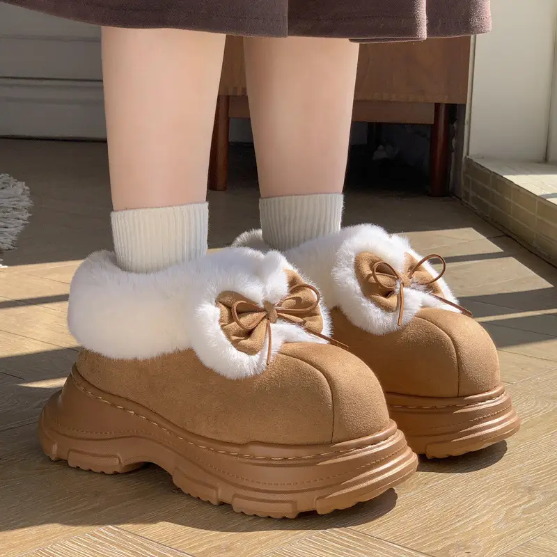 Women Warm Fur Lined Bow Sneakers Brown Winter - Image 3