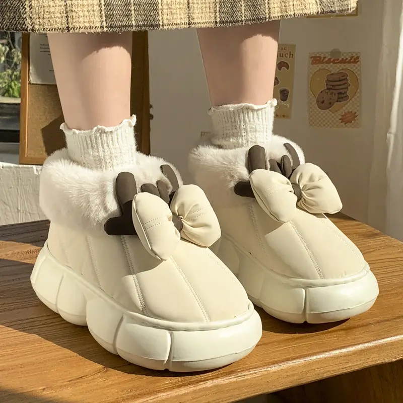 Women Winter Bow Fleece Slippers Black Warm PU