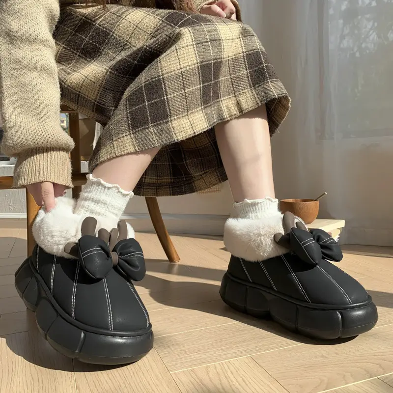 Women Winter Bow Fleece Slippers Black Warm PU