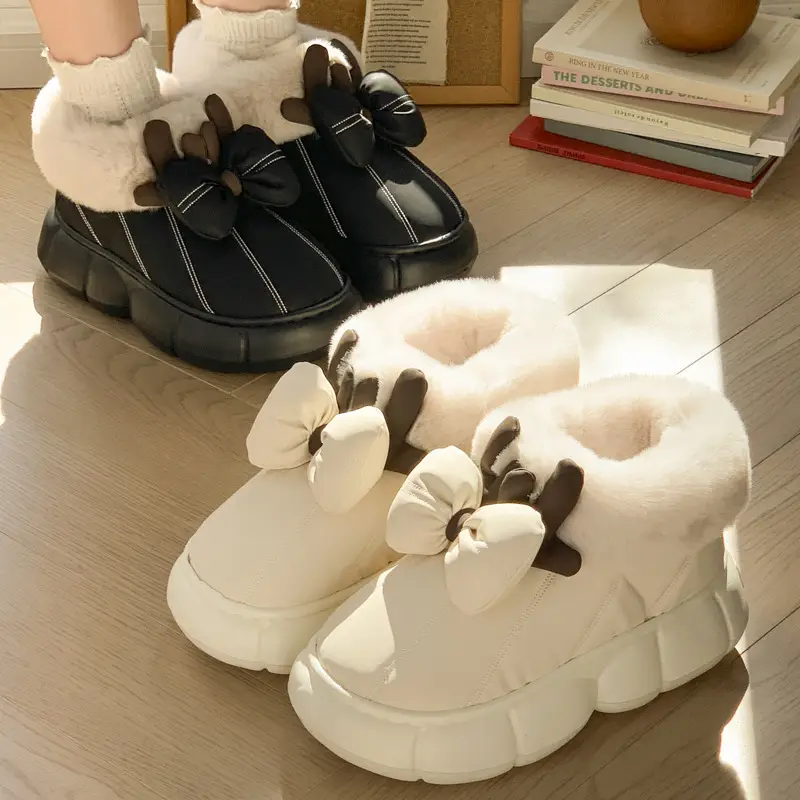 Women Winter Bow Fleece Slippers Black Warm PU