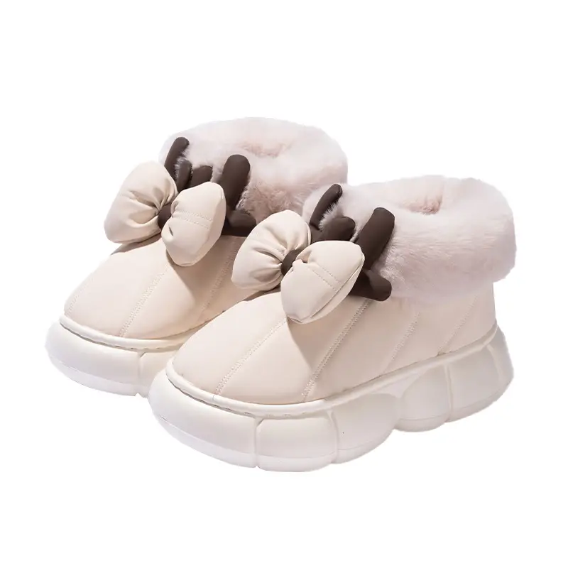 Women Winter Bow Fleece Slippers Black Warm PU