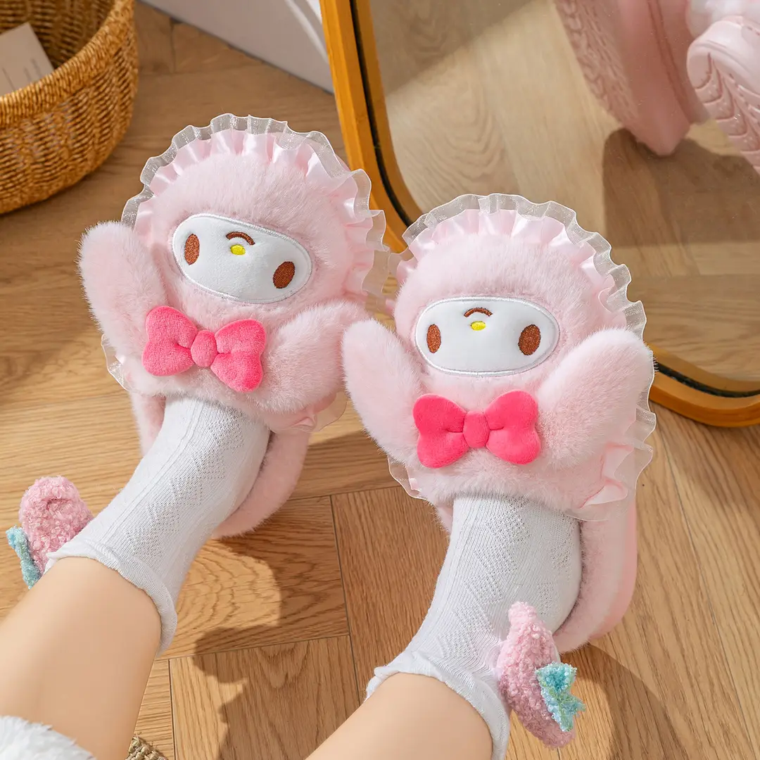 Sanrio Home Plush Doll Cotton Slippers, Warm Parent-Child Cotton Slippers, Cute Furry Girls' Slippers, Non-Slip Thick Soles