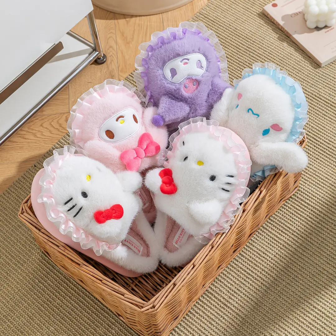 Sanrio Home Plush Doll Cotton Slippers, Warm Parent-Child Cotton Slippers, Cute Furry Girls' Slippers, Non-Slip Thick Soles