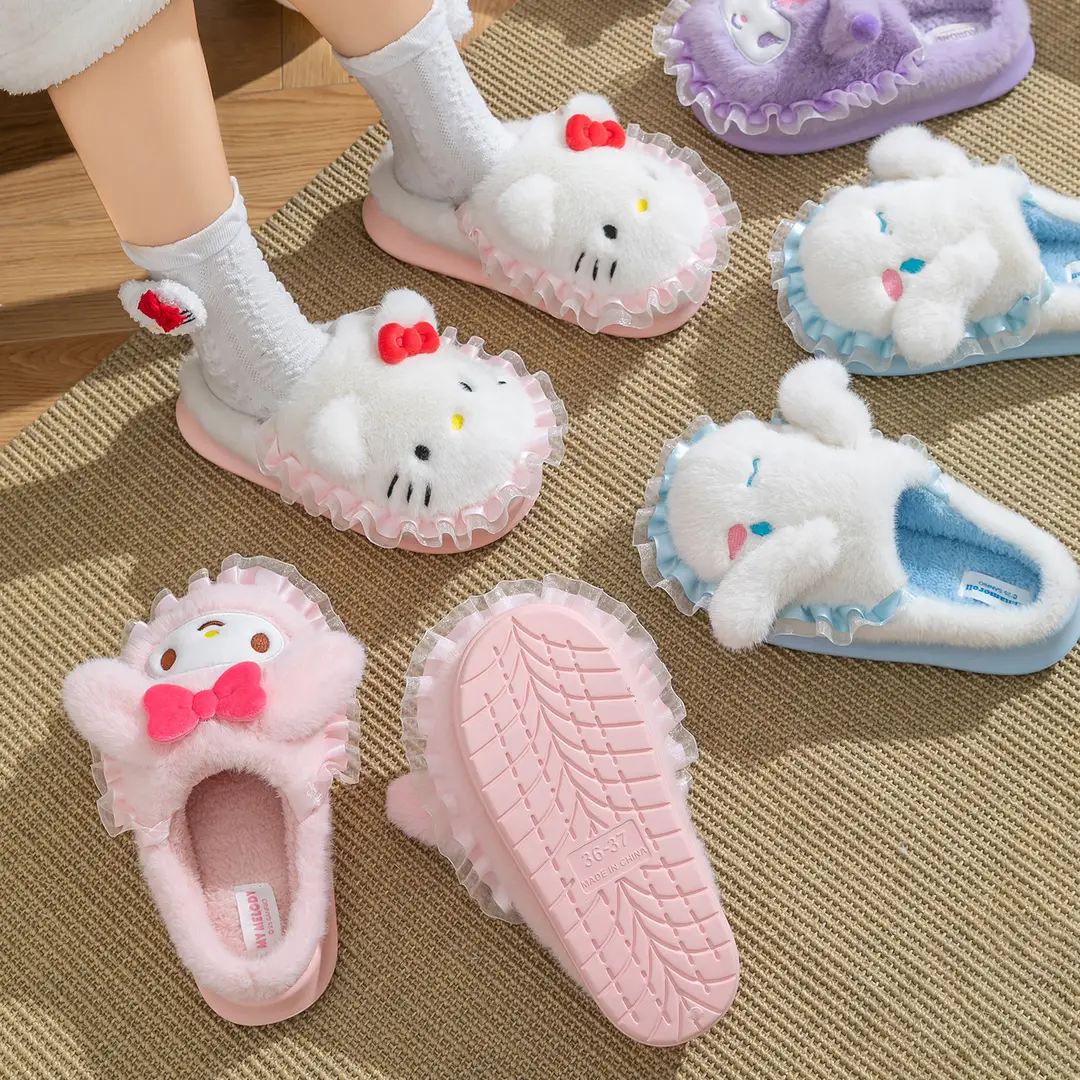 Sanrio Home Plush Doll Cotton Slippers, Warm Parent-Child Cotton Slippers, Cute Furry Girls' Slippers, Non-Slip Thick Soles