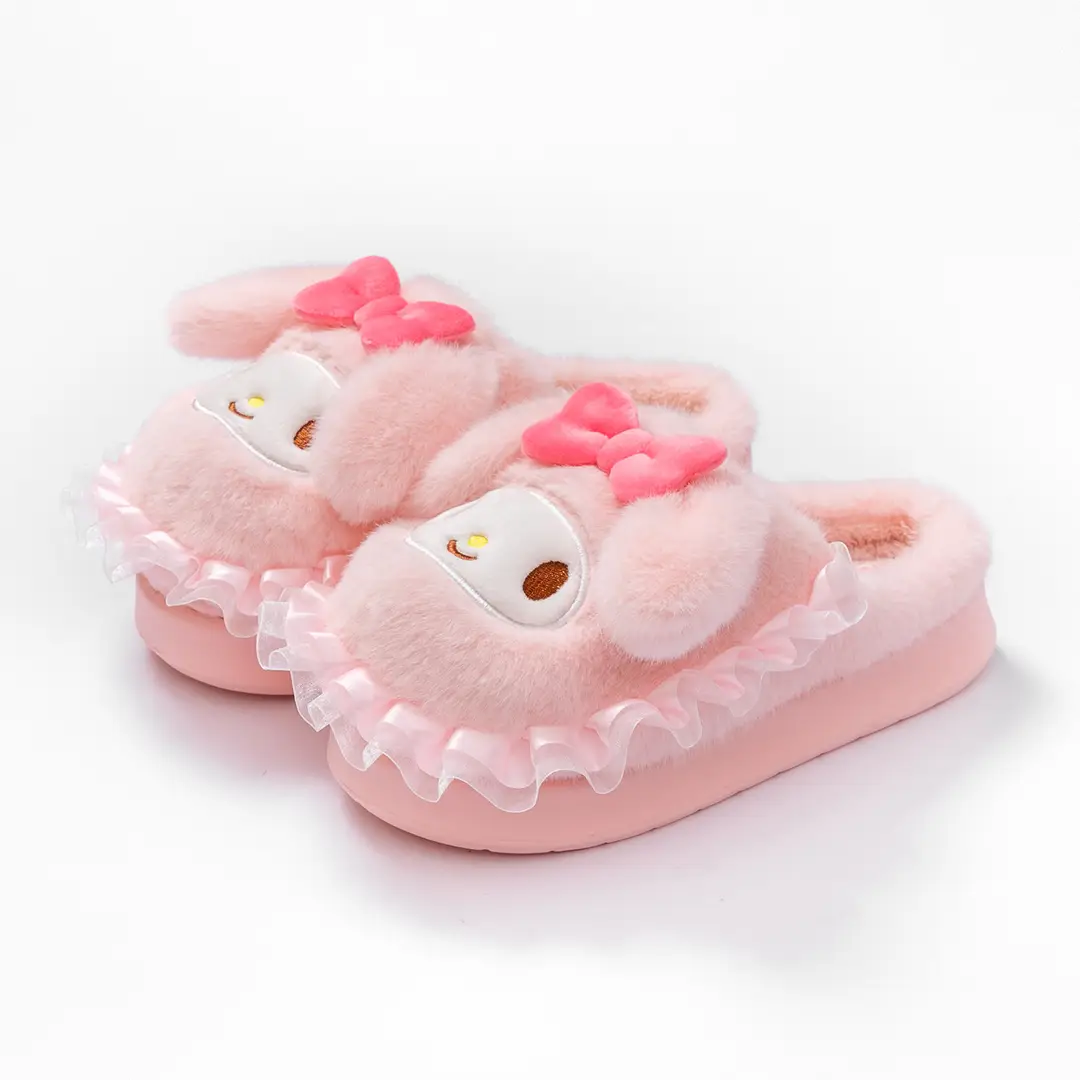 Sanrio Home Plush Doll Cotton Slippers, Warm Parent-Child Cotton Slippers, Cute Furry Girls' Slippers, Non-Slip Thick Soles
