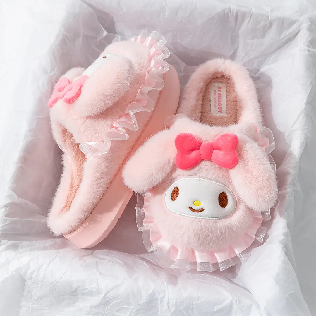 Sanrio Home Plush Doll Cotton Slippers, Warm Parent-Child Cotton Slippers, Cute Furry Girls' Slippers, Non-Slip Thick Soles