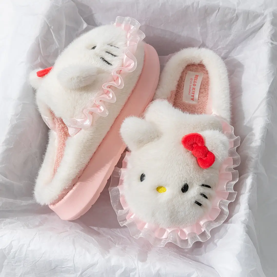Sanrio Home Plush Doll Cotton Slippers, Warm Parent-Child Cotton Slippers, Cute Furry Girls' Slippers, Non-Slip Thick Soles
