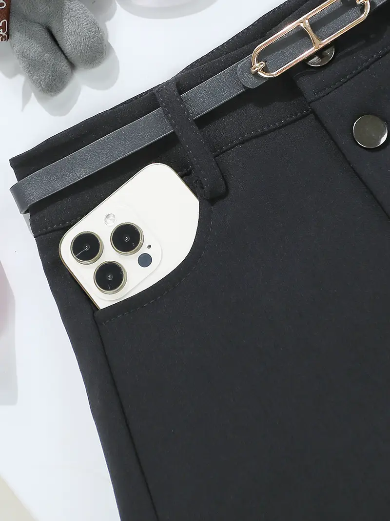 Women High Waist Button Shorts Black Belted - Image 3