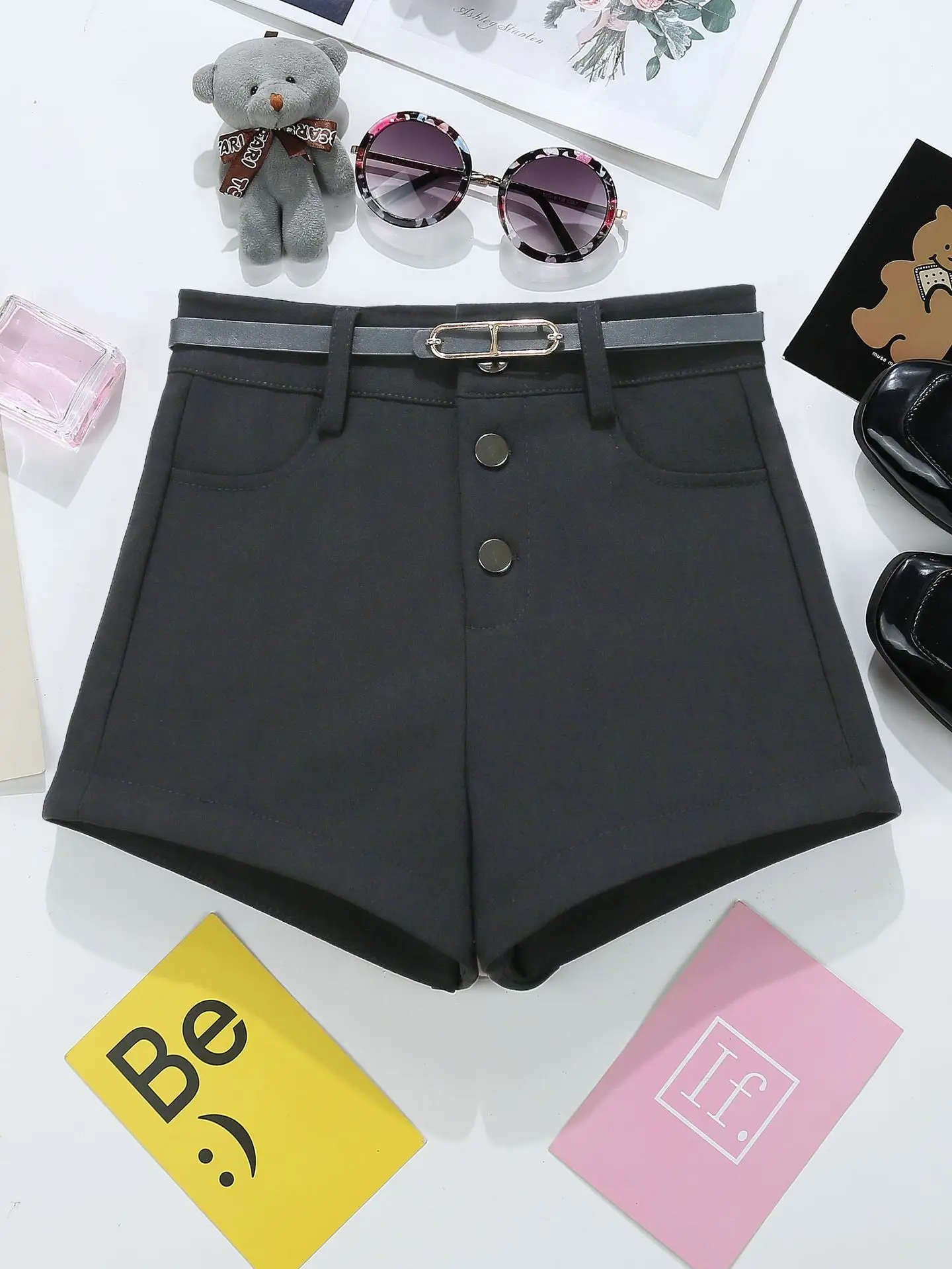 Women High Waist Button Shorts Black Belted — feature 1