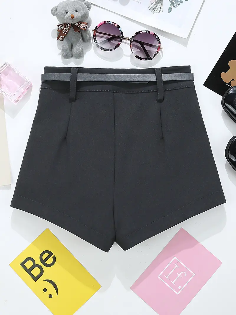 Women High Waist Button Shorts Black Belted — feature 8
