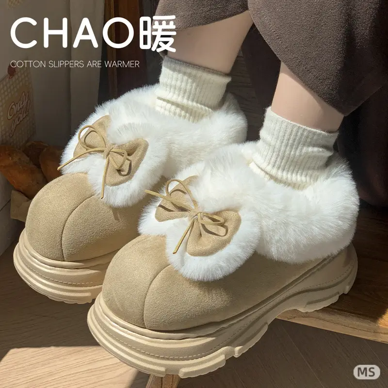 New Thick-Soled Cotton Slippers for Women in Winter Fleece-Lined to Heattech, Non-Slip and Comfortable Snow Boots, Bow-Knot Fur Slippers for Outer Wear - Image 5