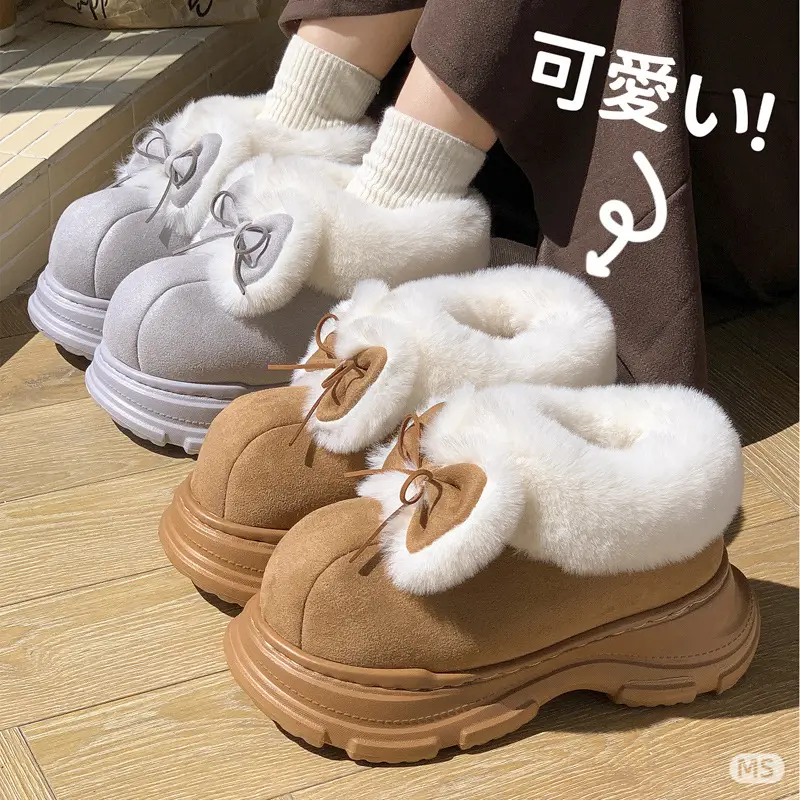 New Thick-Soled Cotton Slippers for Women in Winter Fleece-Lined to Heattech, Non-Slip and Comfortable Snow Boots, Bow-Knot Fur Slippers for Outer Wear - Image 6