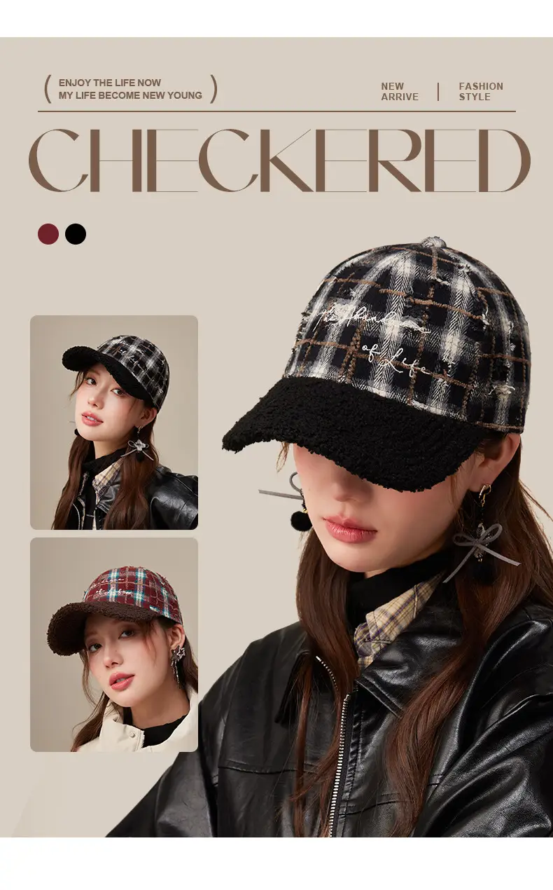 Vintage Plaid Duckbill Cap for Women Hard Brim Teddy Fleece — feature 10