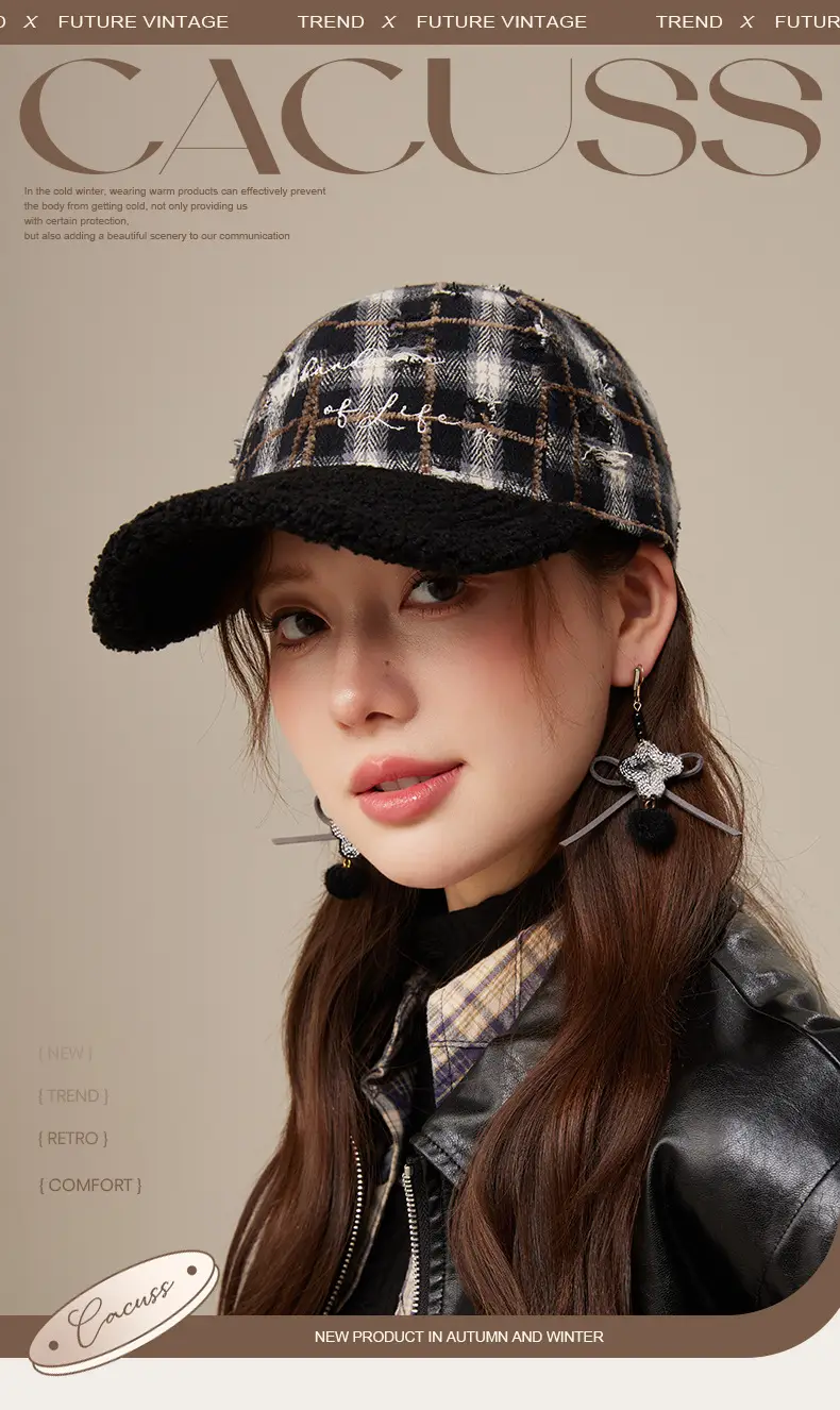 Vintage Plaid Duckbill Cap for Women Hard Brim Teddy Fleece — feature 6