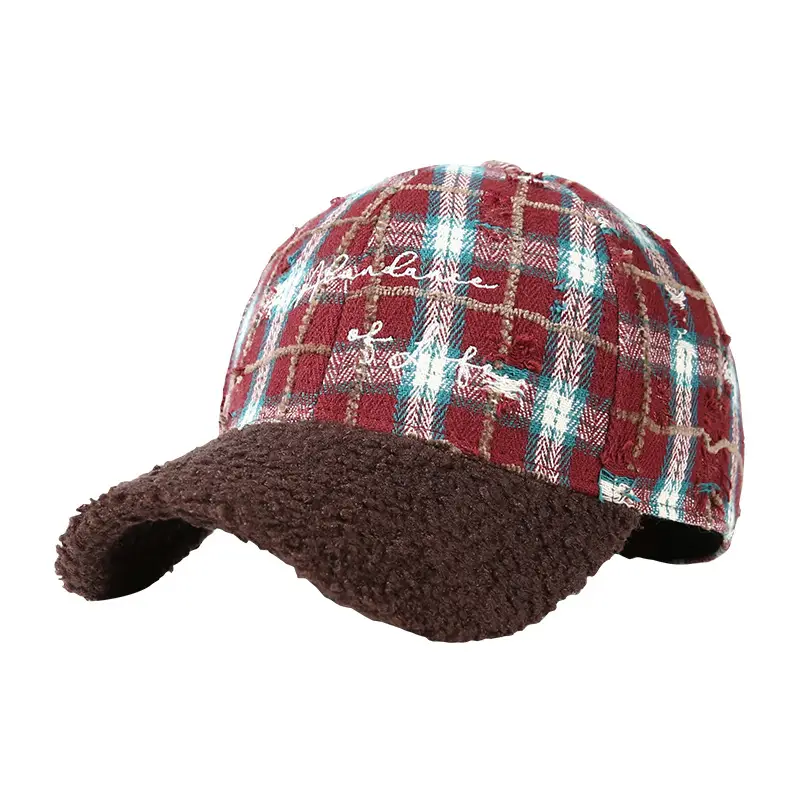 Vintage Plaid Duckbill Cap for Women Hard Brim Teddy Fleece - Image 2