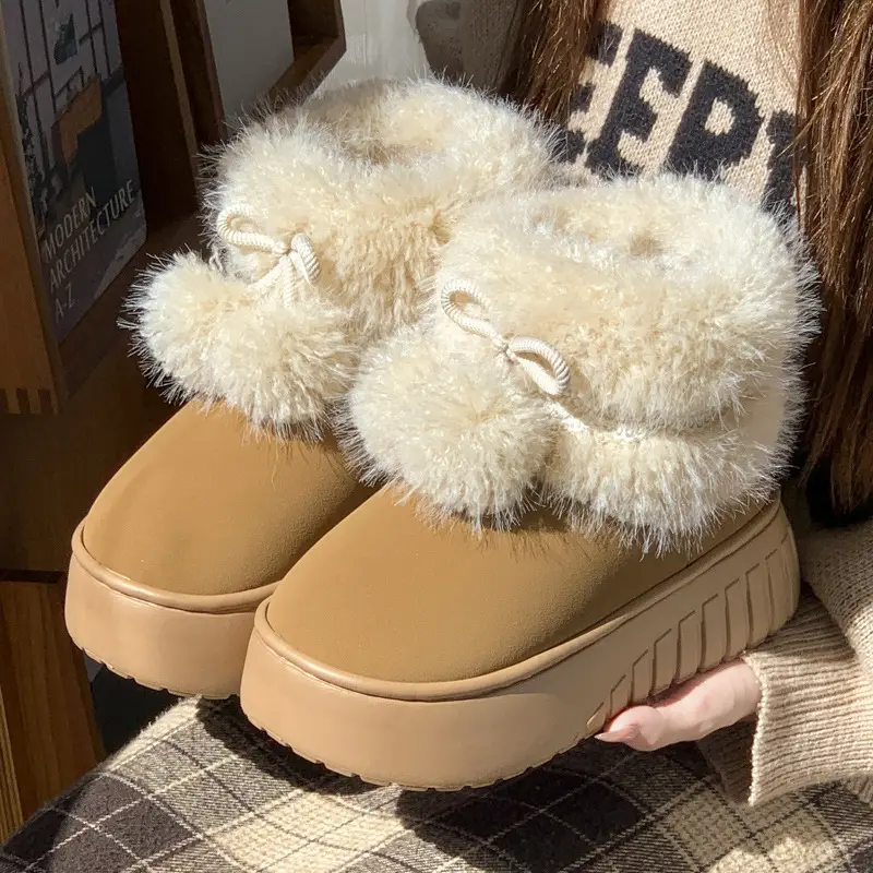 New Thick-Soled Height-Increasing Double-Ball Lace-Edged Fur-Mouthed Cotton Shoes for Women in Autumn and Winter Fleece-Lined Warm Anti-Slip High-Top Snow Boots